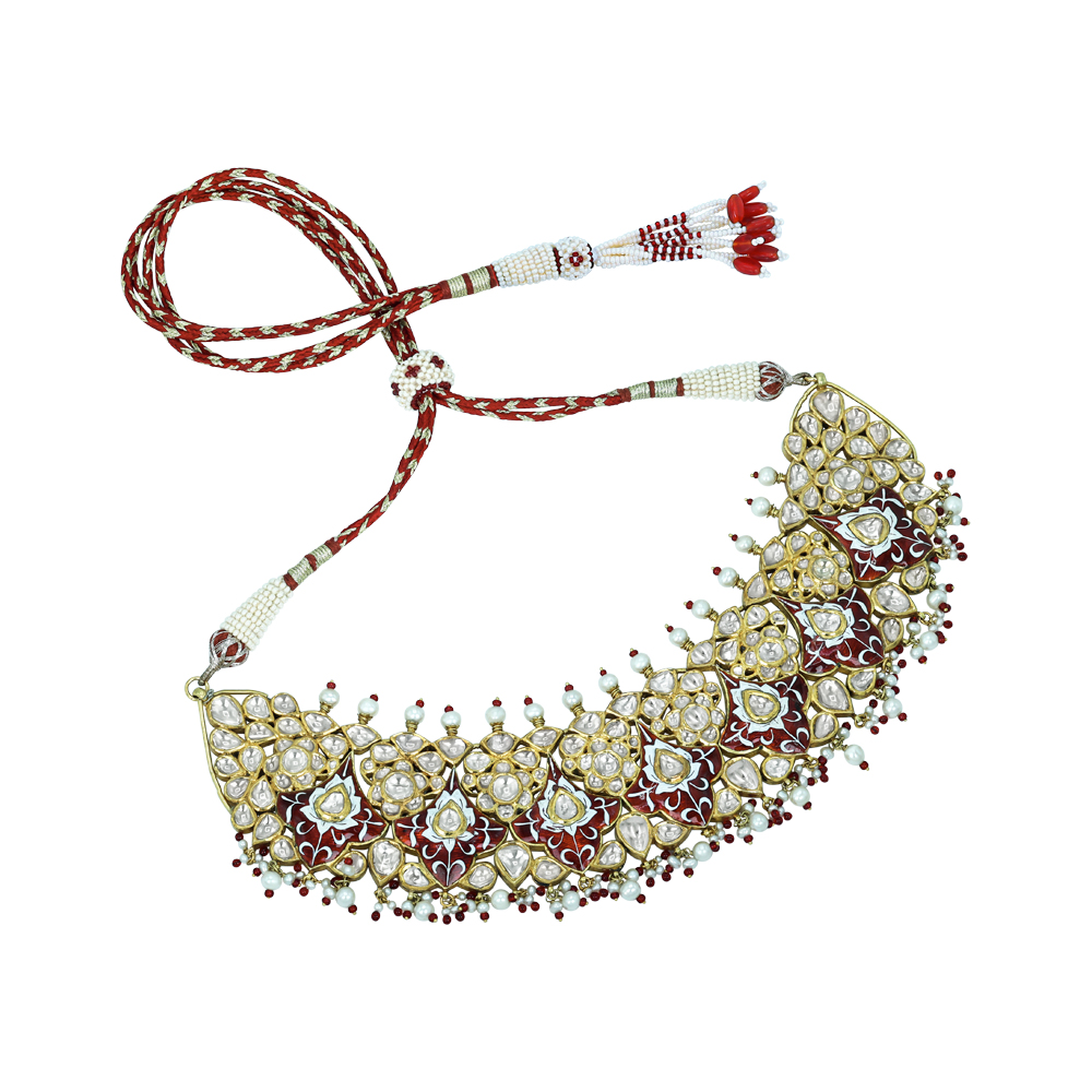 Polki Semi-Choker with Red Enamel and Pearl Beads